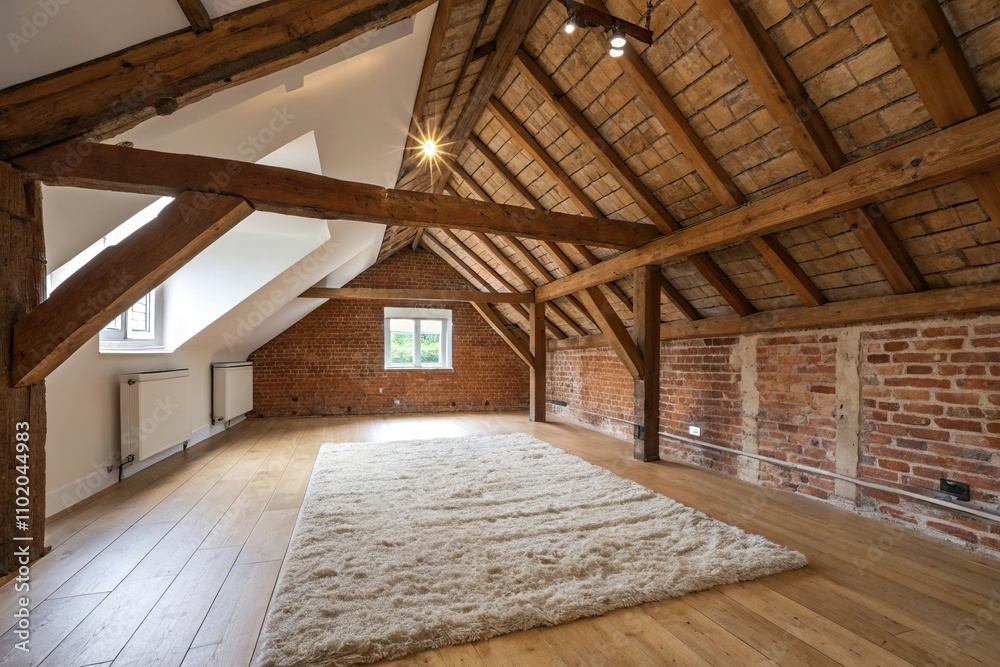 Wooden beams and exposed brick on the ceiling with a plush area rug, wooden beams, plush furniture Wooden beams and exposed brick on the ceiling with a plush area rug, wooden beams, plush furniture