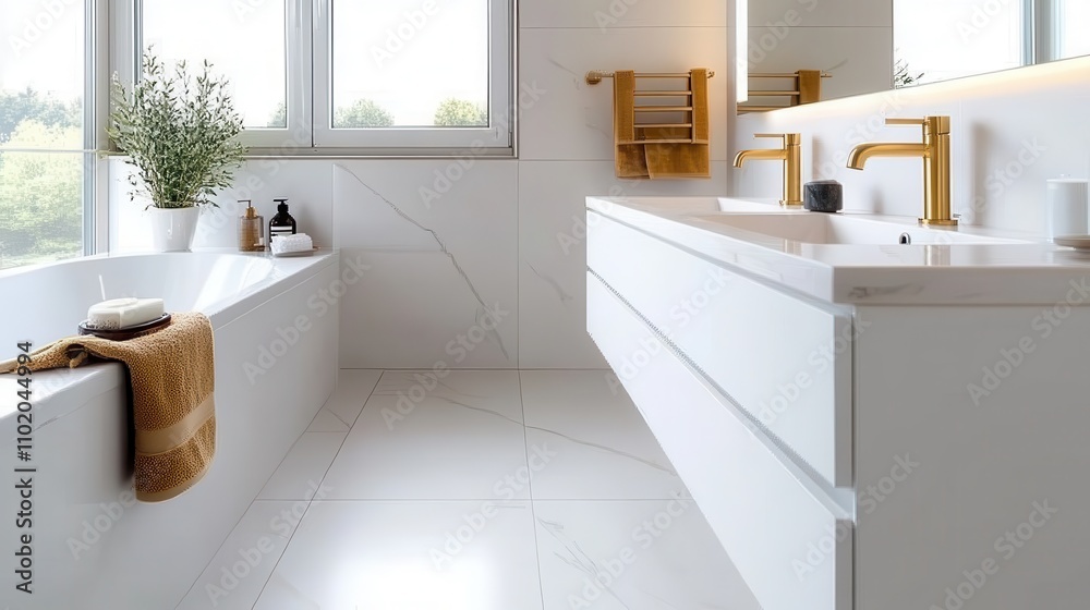 A spacious and bright bathroom featuring a sleek bathtub, golden fixtures, and a white minimalist design complemented by natural light from large windows. A spacious and bright bathroom featuring a sleek bathtub, golden fixtures, and a white minimalist design complemented by natural light from large windows.