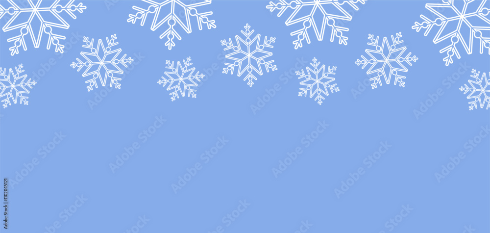 Fototapeta premium Horizontal background with white snowflakes. Christmas, New Year or simply winter theme banner with empty space for text.