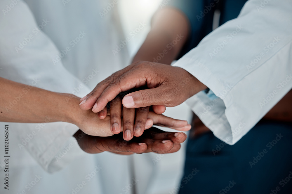 Doctors, hands and stack in hospital for healthcare, teamwork support and synergy. People, medical group and huddle in clinic for collaboration, diversity and trust with solidarity for surgery Doctors, hands and stack in hospital for healthcare, teamwork support and synergy. People, medical group and huddle in clinic for collaboration, diversity and trust with solidarity for surgery