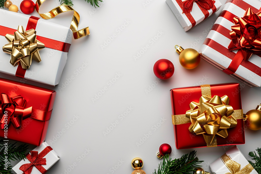 Festive Red and Gold Christmas Gift Boxes, Elegant White Background with Gold Ribbons and Space for Text Festive Red and Gold Christmas Gift Boxes, Elegant White Background with Gold Ribbons and Space for Text