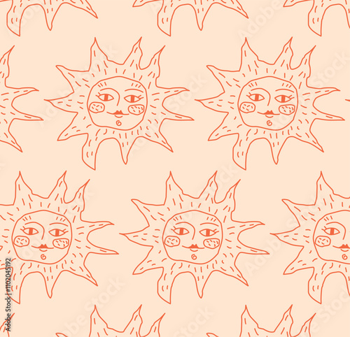 Seamless flat vector illustration. Pattern of hand-drawn suns with human Faces and Radiant Lines. Abstract celestial design for fabric, decor, prints. Unique minimal repetition inspired by cosmic them