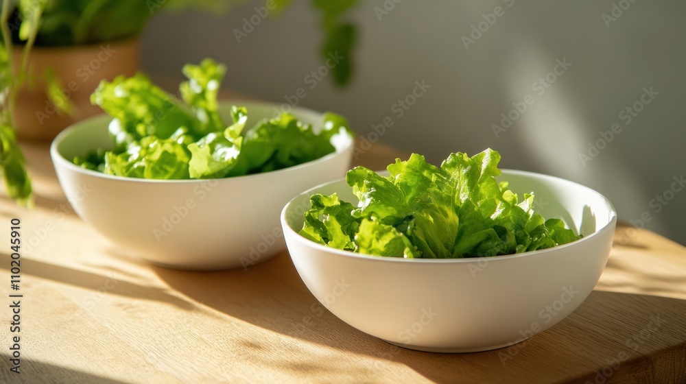 Fresh Green Lettuce in Two White Bowls Fresh Green Lettuce in Two White Bowls