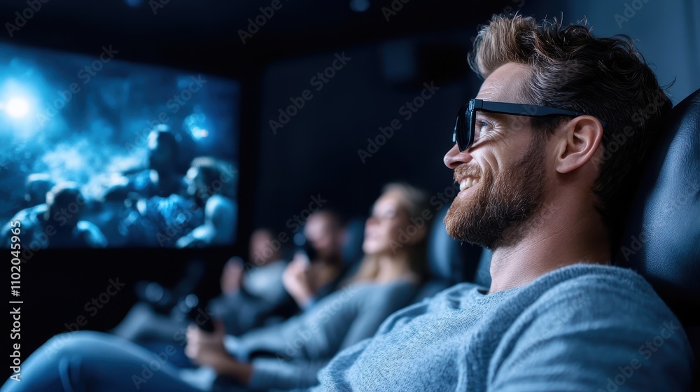 A smiling person wearing 3D glasses is sitting in a cinema with other people as an exciting scene from a film plays on the large screen, showcasing thrilling enjoyment. A smiling person wearing 3D glasses is sitting in a cinema with other people as an exciting scene from a film plays on the large screen, showcasing thrilling enjoyment.