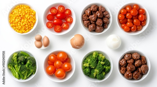 Top view of eight white bowls containing colorful foods like vegetables, meat, and eggs, arranged neatly on a white background..