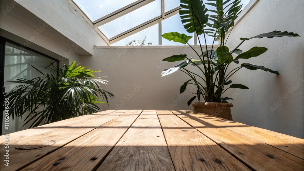 Wooden table with a large plant shadow under a sunny skylight, clean lines, simple design, airy space, modern interior Wooden table with a large plant shadow under a sunny skylight, clean lines, simple design, airy space, modern interior