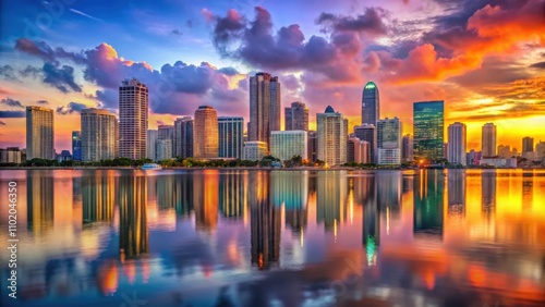 Downtown Miami skyline at sunset with colorful buildings reflecting in water , Miami, urban, cityscape