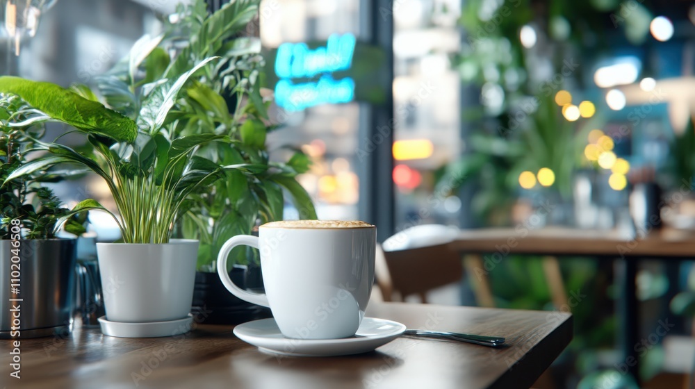 A comforting warm cup of coffee with creamy foam resting on a wooden table, surrounded by indoor plants and inviting cafe ambiance in a softly focused background. A comforting warm cup of coffee with creamy foam resting on a wooden table, surrounded by indoor plants and inviting cafe ambiance in a softly focused background.