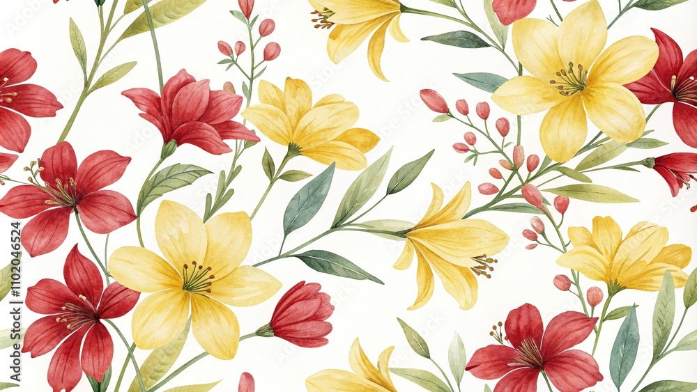 Yellow and Red Flower Repeat in Watercolor, nature-inspired art, botanical illustrations, watercolor painting floral art watercolor flowers yellow red petals, delicate designs, soft colors