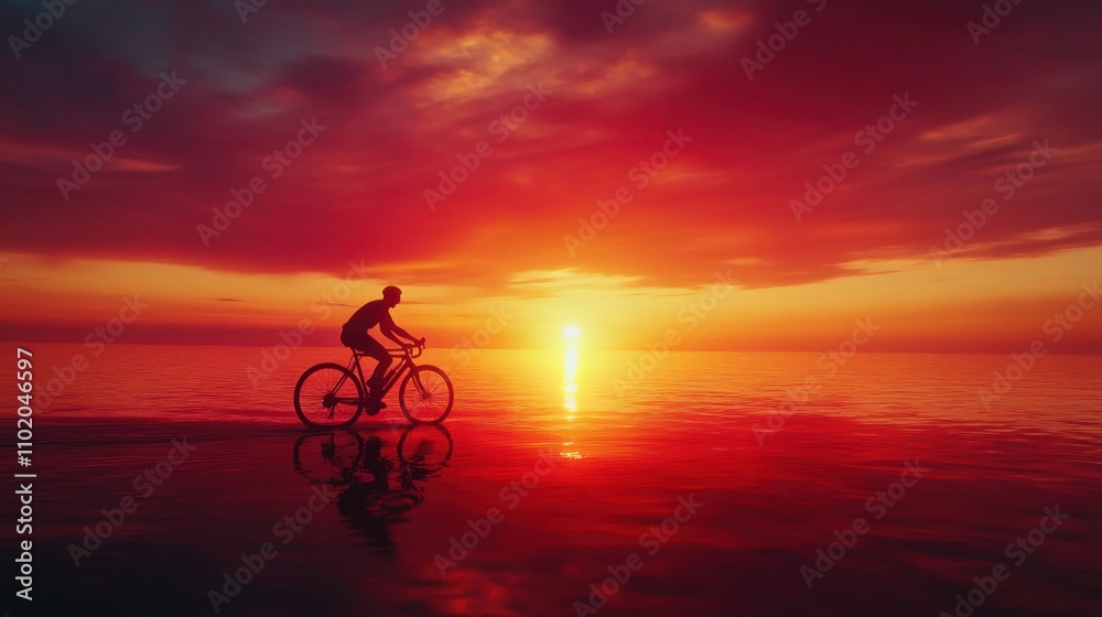 Fototapeta premium Tranquil image of a lone cyclist silhouetted against a vibrant sunset, riding on calm waters like a surreal dreamscape.