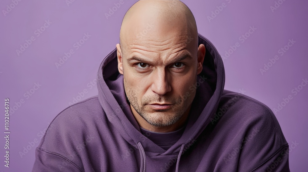 Confident bald man wearing a modern hoodie, engagingly looking directly at the camera against a stylish purple background with a strong expression.