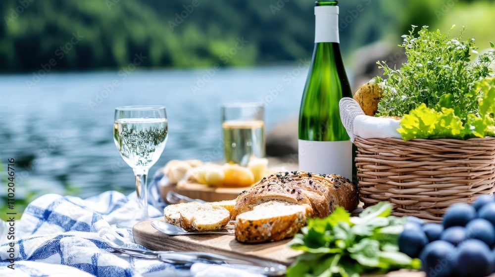 An idyllic picnic scene by the lake, featuring a table filled with fresh bread, wine, glasses, herbs, and vibrant fruits, capturing nature’s beauty and bounty. An idyllic picnic scene by the lake, featuring a table filled with fresh bread, wine, glasses, herbs, and vibrant fruits, capturing nature’s beauty and bounty.
