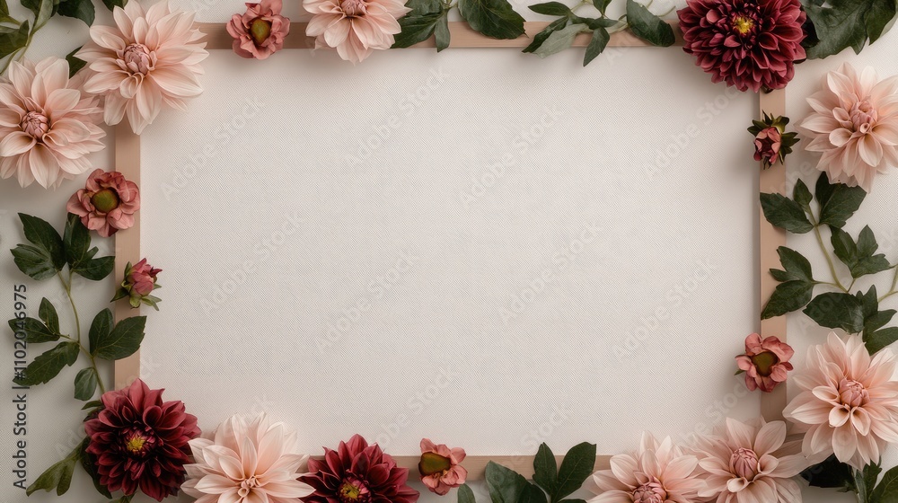 A beautiful arrangement of pink and burgundy flowers, along with green leaves, creates an elegant border on a light background, suitable for decoration or invitation designs A beautiful arrangement of pink and burgundy flowers, along with green leaves, creates an elegant border on a light background, suitable for decoration or invitation designs