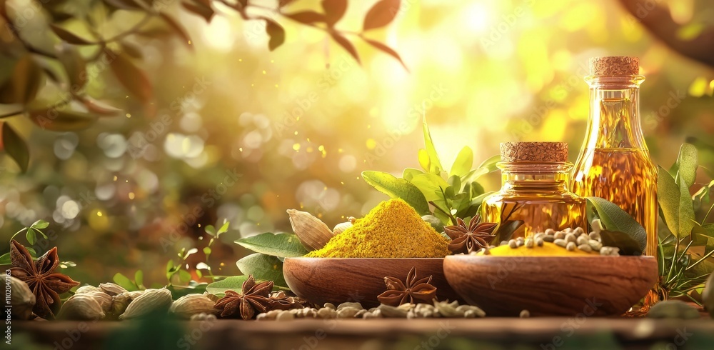 A detailed shot showcasing various Ayurvedic massage ingredients, including herbs, oils, and medicinal powders, emphasizing Ayurveda, massage, and wellness.