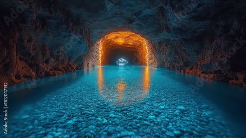 Mystical Underground Cave with Crystal Clear Water and Glowing Orange Light Reflection on Calm Surface in a Serene Natural Setting photo