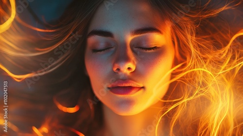 Vibrant and artistic portrait of a woman with glowing light trails accentuating her serene and confident expression.