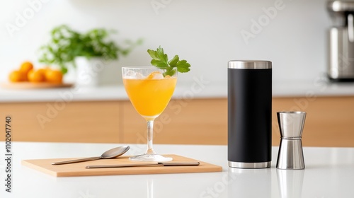 A stylish cocktail with garnish in an elegant glass beside a black cocktail shaker and jigger on a modern kitchen counter with a minimalistic look. photo