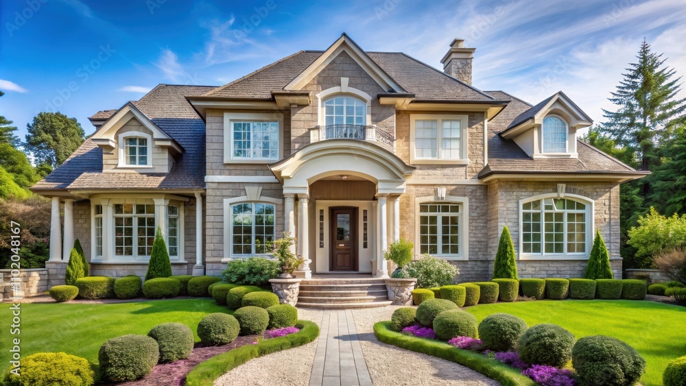 Elegant home exterior with manicured landscaping and ornate details, elegant, home, exterior, beautiful, stylish, architecture Elegant home exterior with manicured landscaping and ornate details, elegant, home, exterior, beautiful, stylish, architecture