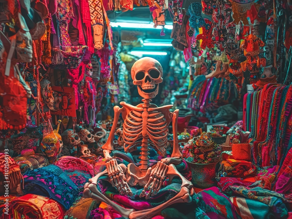 Fototapeta premium Colorful Decorated Skeleton Figurines Posed Amidst Vibrant Textiles and Artisan Crafts in a Lively Market Scene