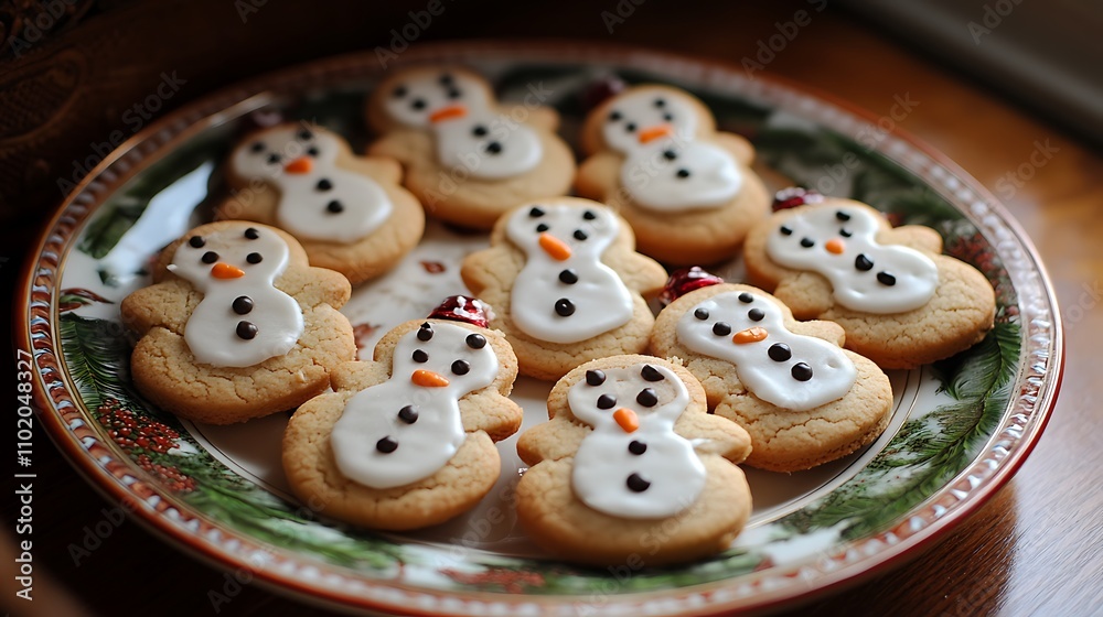 Obraz premium Gingerbread cookies shaped like smiling snowmen arranged on a festive plate