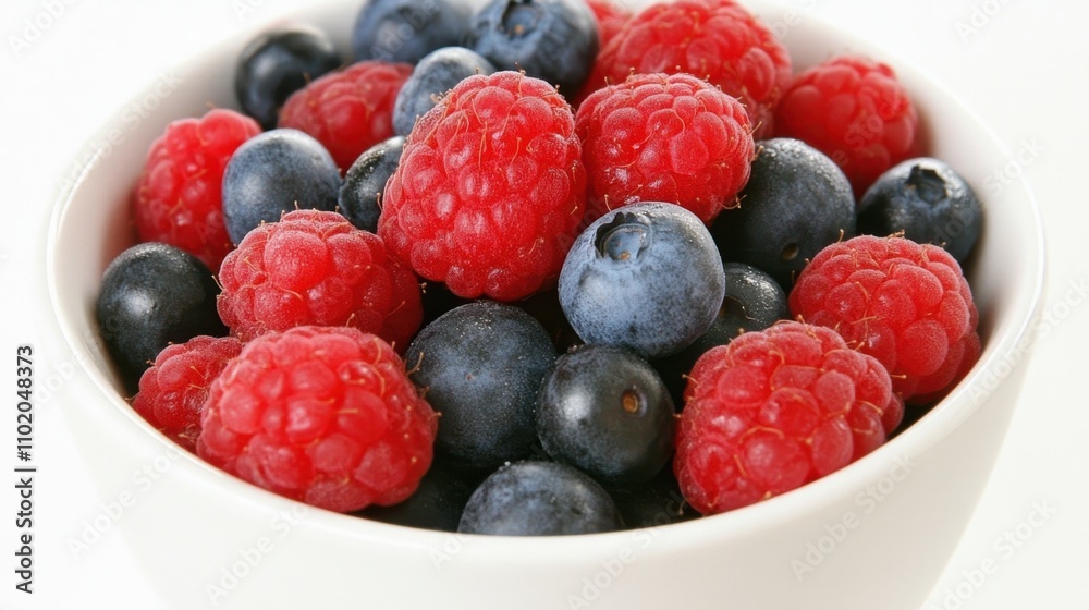 Fresh Raspberries and Blueberries in a White Bowl on a Light Surface Fresh Raspberries and Blueberries in a White Bowl on a Light Surface