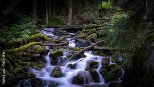 Mountain forest stream with waterfall in the Caucasus, Russia