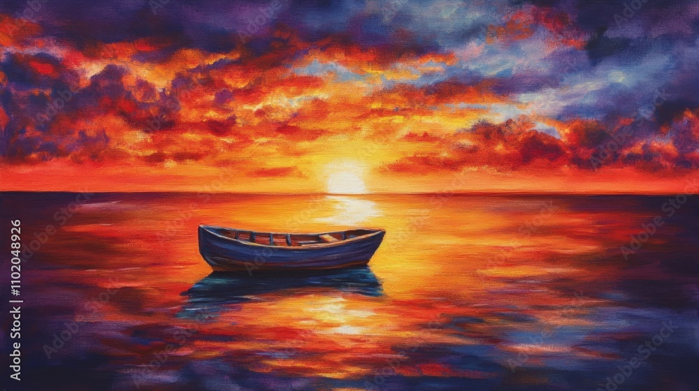 Vibrant sunset paints the horizon as a serene fishing boat floats, its reflection shimmering on the tranquil sea. Vibrant sunset paints the horizon as a serene fishing boat floats, its reflection shimmering on the tranquil sea.