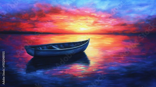 Vibrant sunset paints the horizon as a serene fishing boat floats, its reflection shimmering on the tranquil sea.