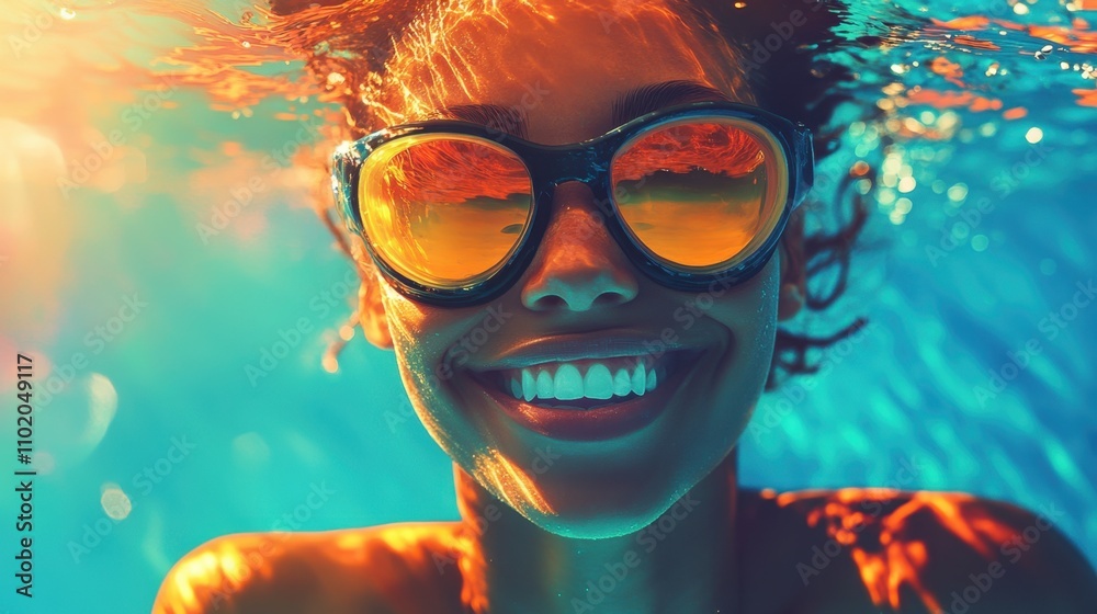 Vibrant underwater view of a woman enjoying the pool, her goggles reflecting sunlight as she smiles joyfully. Vibrant underwater view of a woman enjoying the pool, her goggles reflecting sunlight as she smiles joyfully.