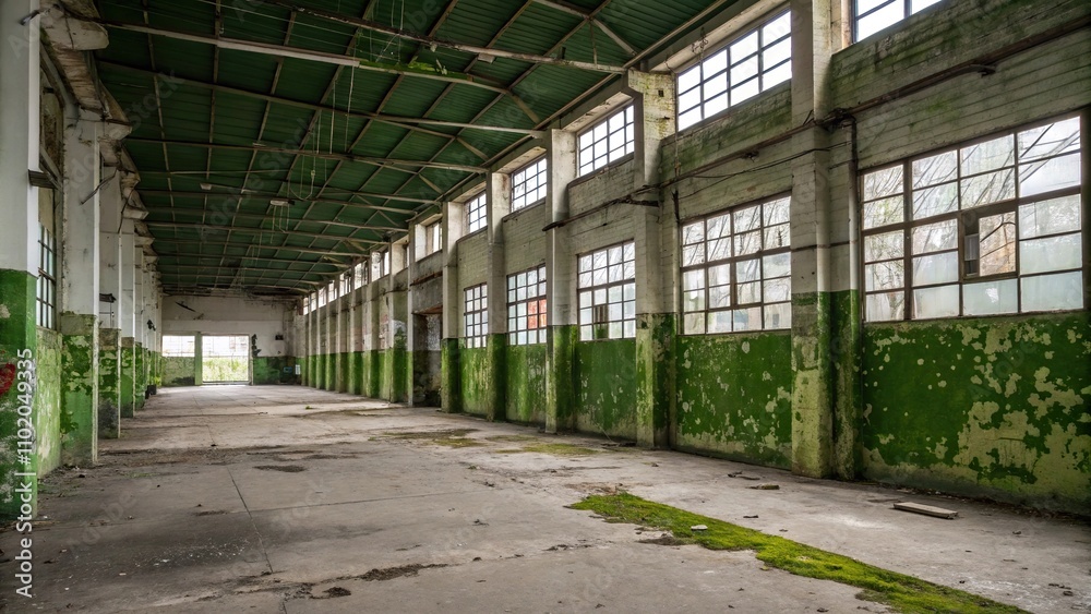 Abandoned factory with green mold on walls, abandoned factory, green mold, toxic buildup, decaying infrastructure Abandoned factory with green mold on walls, abandoned factory, green mold, toxic buildup, decaying infrastructure