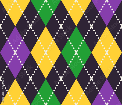 Geometric Mardi Gras pattern with Harlequin ornament. Diagonal rhombus argyle grid with dotted lines. Flat simple style.