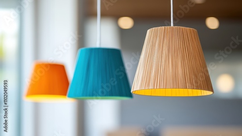 A trio of colorful cone-shaped pendant lights, including orange, teal, and natural tones, creating a soft and inviting atmosphere in a contemporary setting. photo