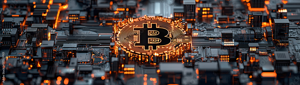 Fototapeta premium Bitcoin Data Flow Concept. A digital representation of Bitcoin surrounded by a network of circuits, symbolizing cryptocurrency technology and digital finance innovation.