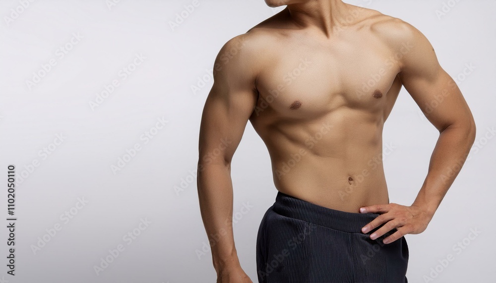 운동복을 입고 복근이 드러난 상체가 옆으로 비틀어진 자세 운동복을 입고 복근이 드러난 상체가 옆으로 비틀어진 자세