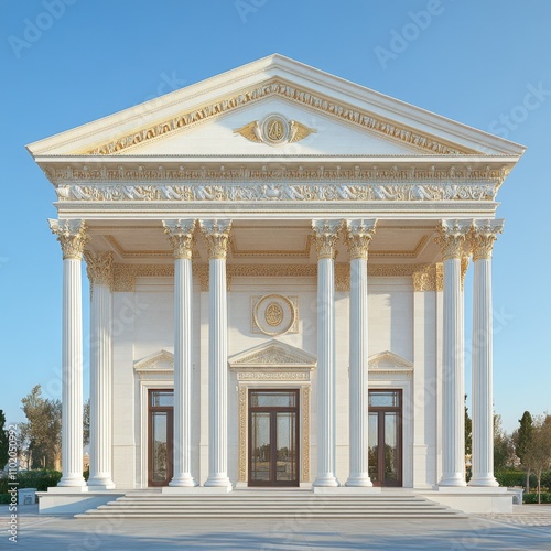 This grand architectural structure features ornate columns and a striking faÃ§ade, ideal for use in real estate, historical references, or educational materials about classical architecture, photo