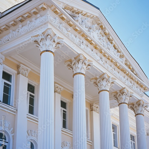 Elegant architectural details showcase ornate columns and intricate moldings  perfect for illustrating themes of history  culture  and art in marketing materials or educational content 