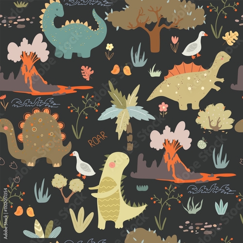 World of dinosaur and plants, doodle. Seamless pattern with hand drawn nature, dino, ducks, volcano on black background.