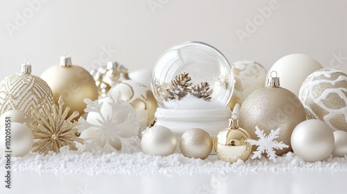 Elegant Golden and White Christmas Decorations with Snow Globe