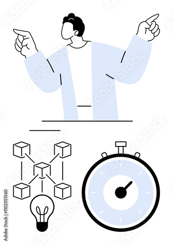 Businessman gesturing above a lightbulb with connected blocks and a stopwatch timer. Ideal for business, technology, innovation, management, networking, productivity, efficiency themes. Line metaphor