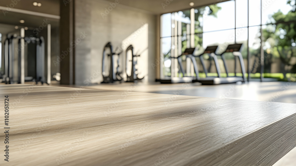Fototapeta premium Wooden table with blurred gym equipment and natural light background