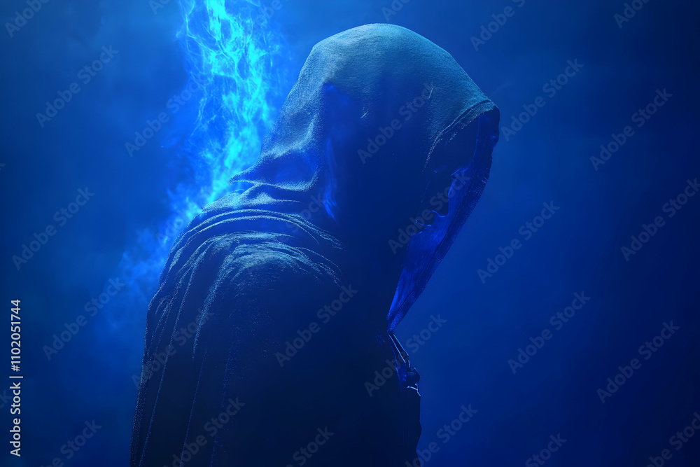 Fototapeta premium Hooded figure with glowing blue aura in futuristic environment
