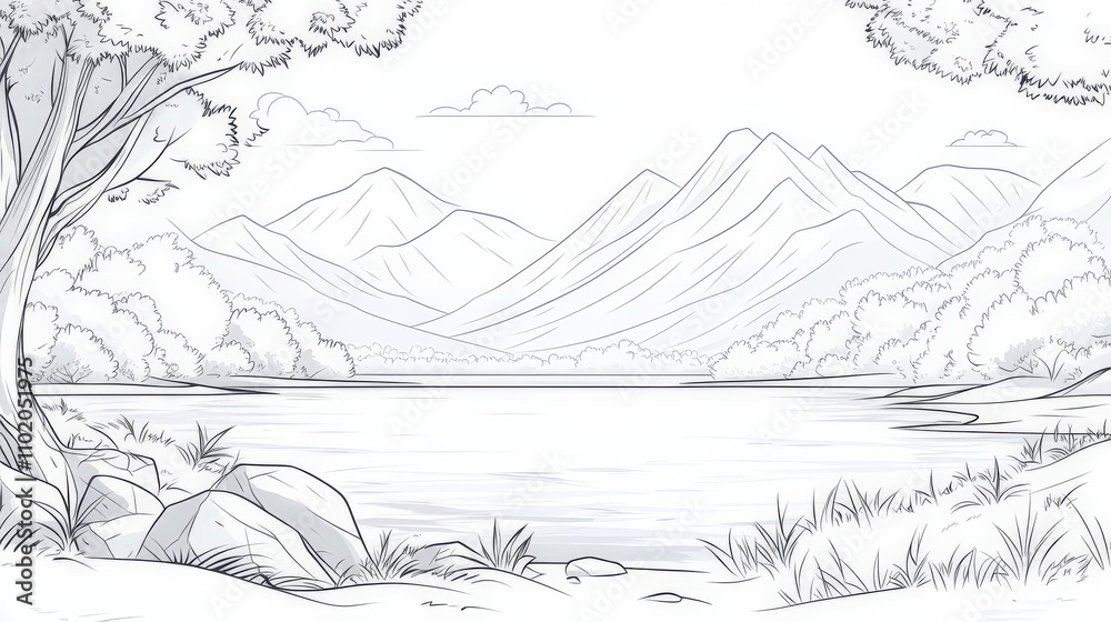 Scenic Line Art of a Serene Mountain Lake Scenic Line Art of a Serene Mountain Lake