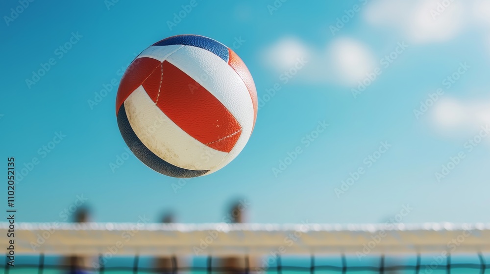 Volleyball soaring high above the beach net, a vibrant scene of summer fun and athletic energy Volleyball soaring high above the beach net, a vibrant scene of summer fun and athletic energy
