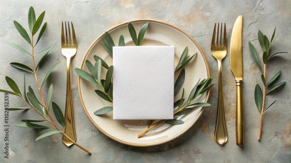 Name card mockup on plate with gold cutlery on olive branch background , business card, mockup, plate Name card mockup on plate with gold cutlery on olive branch background , business card, mockup, plate