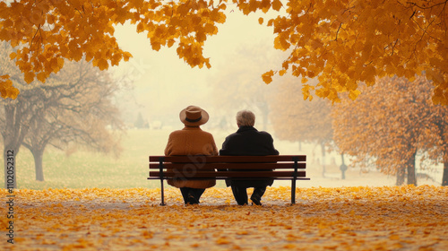 Elderly couple sitting on park bench surrounded by autumn leaves