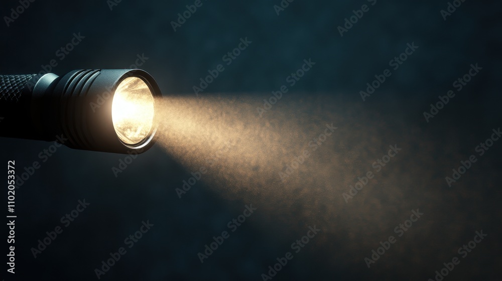 Bright Flashlight Beam Illuminating Dark Setting with Dust Particles Bright Flashlight Beam Illuminating Dark Setting with Dust Particles
