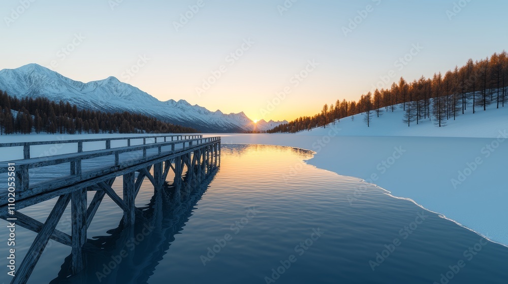 Obraz premium Serene Dawn, Frozen lake reflects sunrise, mountains rise in the background