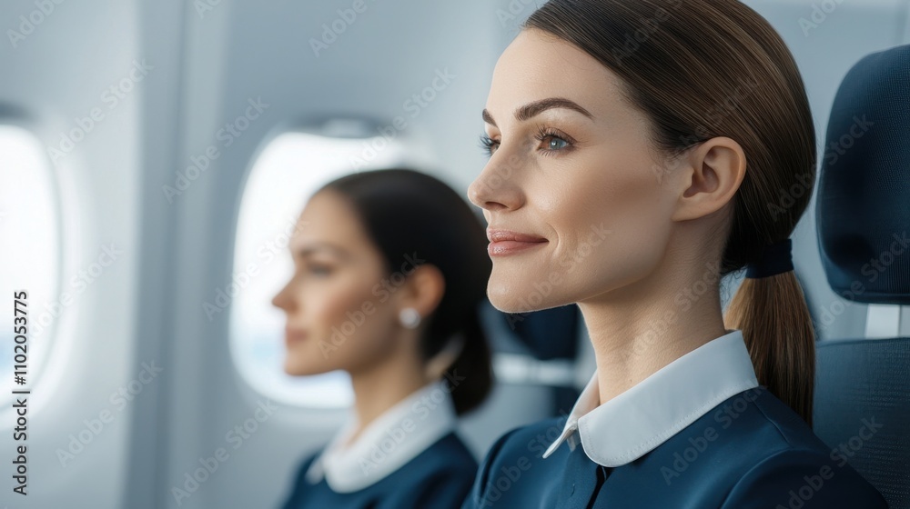 Fototapeta premium Airplane training cabin crew safety procedures demonstrated