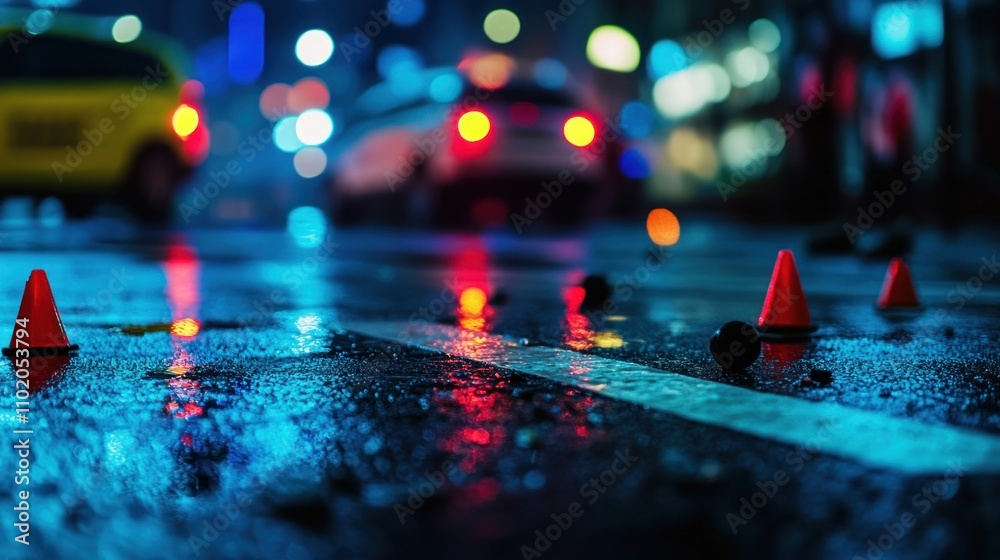 Night City Street with Traffic Cones Night City Street with Traffic Cones