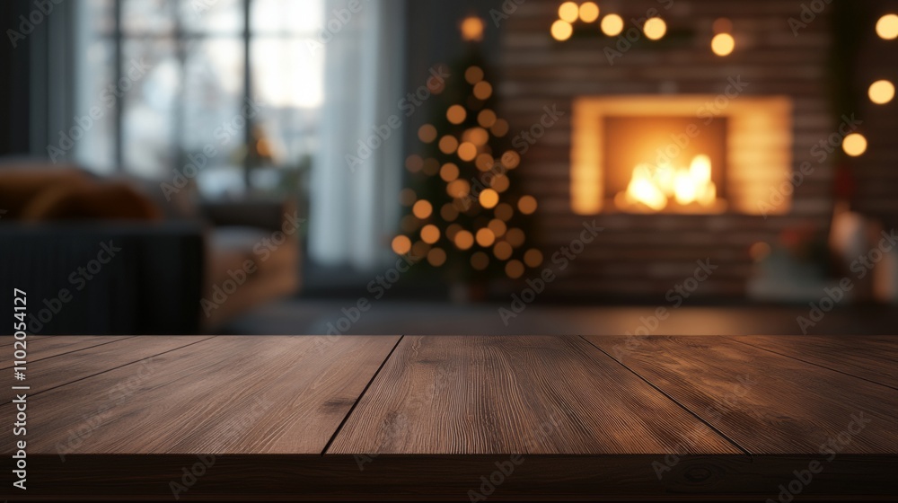Fototapeta premium Empty wooden table top with a blurred living room interior decorated for Christmas, a fireplace, and a Christmas tree in the background., copy space for text